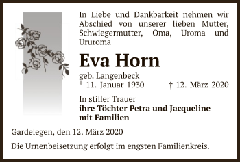 Traueranzeige von Eva Horn von Uelzen