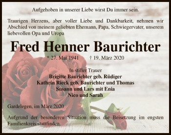 Traueranzeige von Fred Henner Baurichter von Uelzen