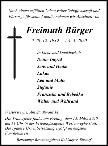 Traueranzeige von Freimuth Bürger von Uelzen