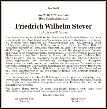 Traueranzeige von Friedrich Wilhelm Stever von Uelzen