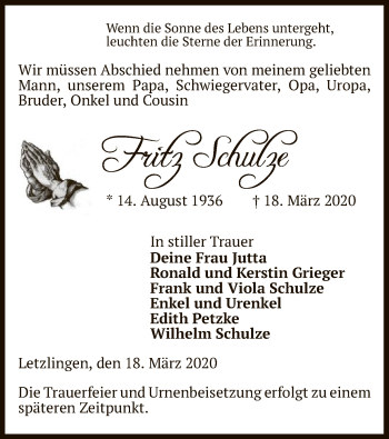 Traueranzeige von Fritz Schulze von Uelzen