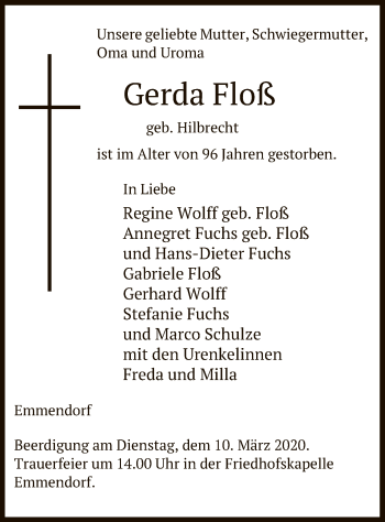 Traueranzeige von Gerda Floß von Uelzen