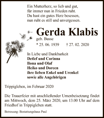 Traueranzeige von Gerda Klabis von Uelzen