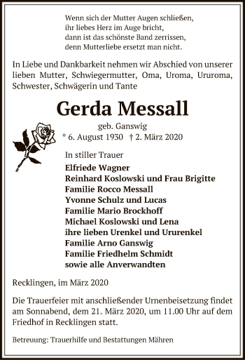 Traueranzeige von Gerda Messall von Uelzen