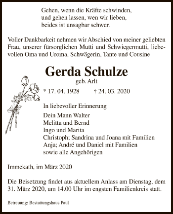 Traueranzeige von Gerda Schulze von Uelzen