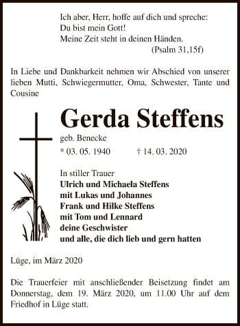 Traueranzeige von Gerda Steffens von Uelzen