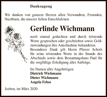 Traueranzeige von Gerlinde Wichmann von Uelzen