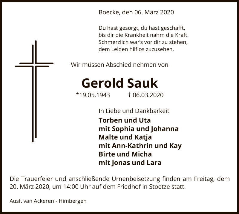 Traueranzeige für Gerold Sauk vom 14.03.2020 aus Uelzen