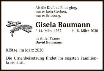 Traueranzeige von Gisela Baumann von Uelzen