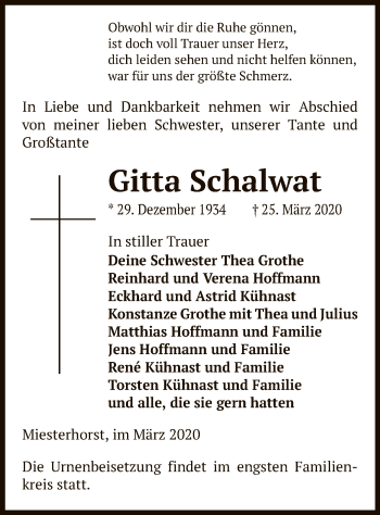 Traueranzeige von Gitta Schalwat von Uelzen