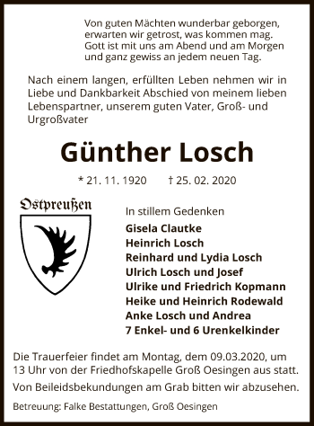 Traueranzeige von Günther Losch von Uelzen