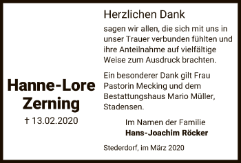 Traueranzeige von Hanne-Lore Zerning von Uelzen