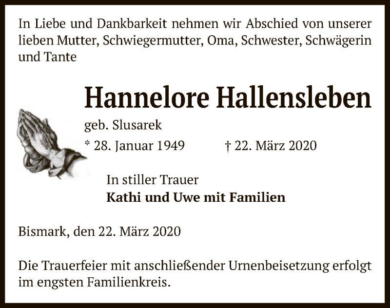  Traueranzeige für Hannelore Hallensleben vom 25.03.2020 aus Uelzen