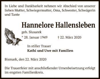 Traueranzeige von Hannelore Hallensleben von Uelzen