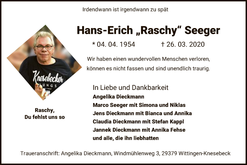  Traueranzeige für Hans-Erich  Seeger vom 31.03.2020 aus Uelzen