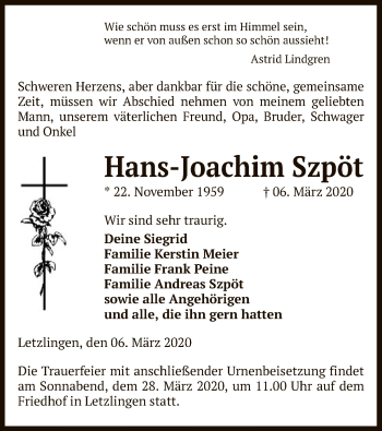 Traueranzeige von Hans-Joachim Szpöt von Uelzen