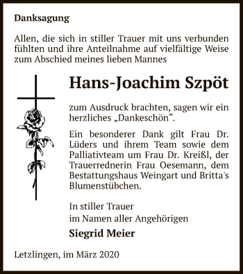 Traueranzeige von Hans-Joachim Szpöt von Uelzen