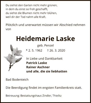 Traueranzeige von Heidemarie Laske von Uelzen