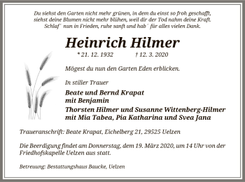 Traueranzeige von Heinrich Hilmer von Uelzen