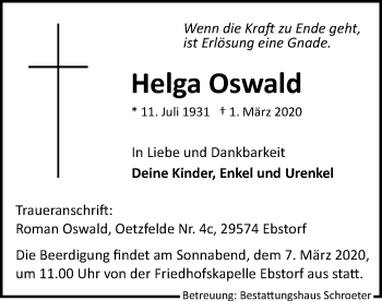 Traueranzeige von Helga Oswald von Uelzen