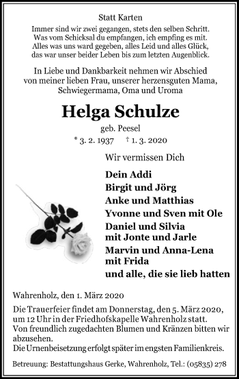 Traueranzeige von Helga Schulze von Uelzen