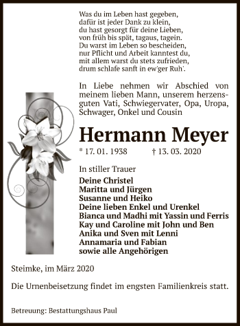 Traueranzeige von Hermann Meyer von Uelzen