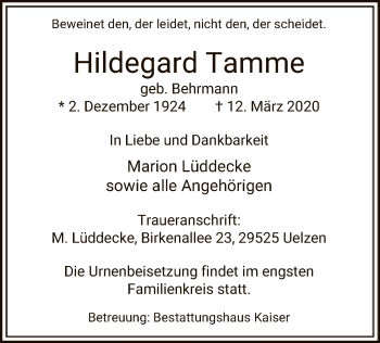 Traueranzeige von Hildegard Tamme von Uelzen