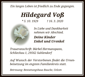 Traueranzeige von Hildegard Voß von Uelzen