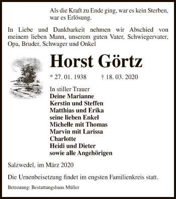 Traueranzeige von Horst Görtz von Uelzen