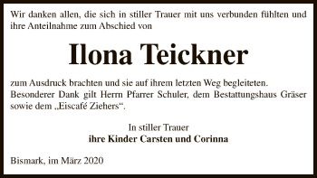 Traueranzeige von Ilona Teickner von Uelzen