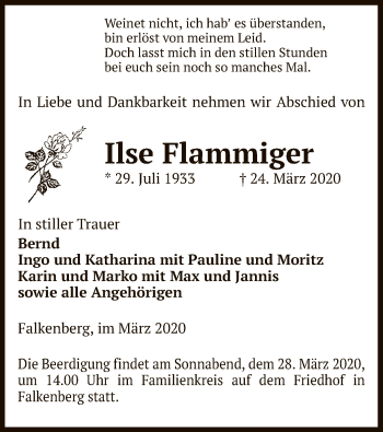 Traueranzeige von Ilse Flammiger von Uelzen