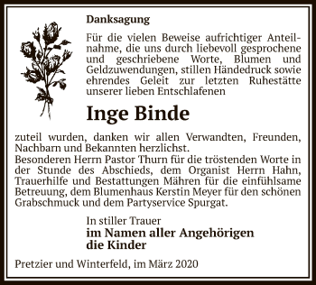 Traueranzeige von Inge Binde von Uelzen