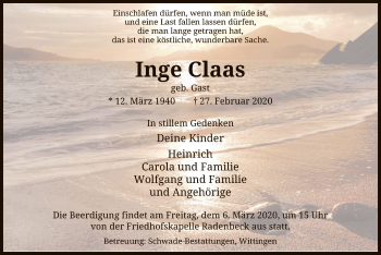 Traueranzeige von Inge Claas von Uelzen