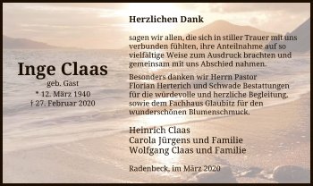 Traueranzeige von Inge Claas von Uelzen