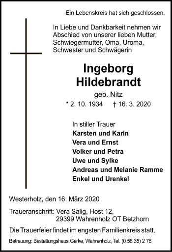 Traueranzeige von Ingeborg Hildebrandt von Uelzen