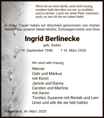 Traueranzeige von Ingrid Berlinecke von Uelzen