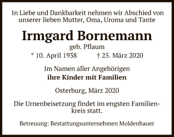 Traueranzeige von Irmgard Bornemann von Uelzen