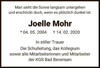 Traueranzeige von Joelle Mohr von Uelzen