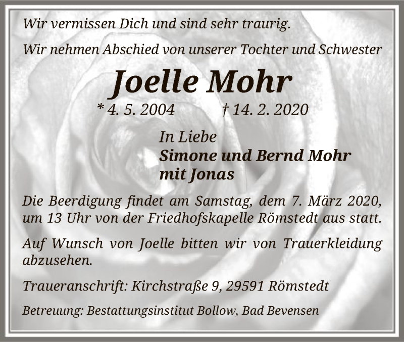  Traueranzeige für Joelle Mohr vom 29.02.2020 aus Uelzen