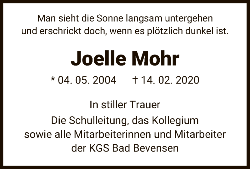  Traueranzeige für Joelle Mohr vom 29.02.2020 aus Uelzen