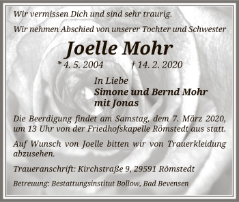 Traueranzeige von Joelle Mohr von Uelzen