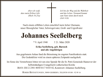 Traueranzeige von Johannes Seeßelberg von Uelzen