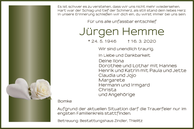  Traueranzeige für Jürgen Hemme vom 19.03.2020 aus Uelzen