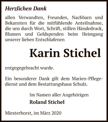 Traueranzeige von Karin Stichel von Uelzen