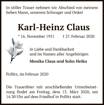 Traueranzeige von Karl-Heinz Claus von Uelzen