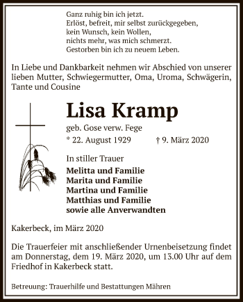 Traueranzeige von Lisa Kramp von Uelzen