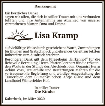 Traueranzeige von Lisa Kramp von Uelzen