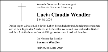 Traueranzeige von Lucia Claudia Wendler von Uelzen