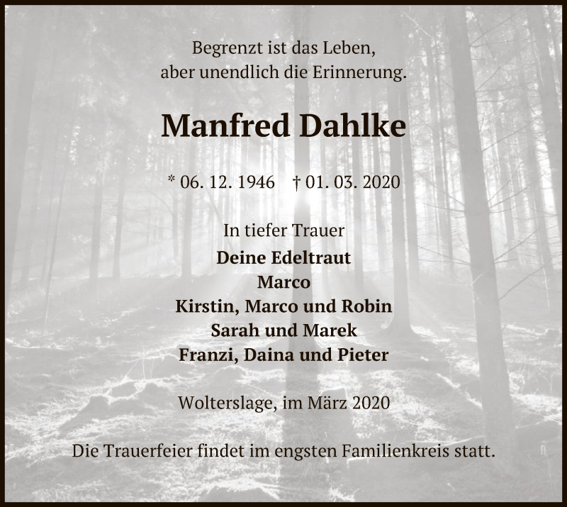  Traueranzeige für Manfred Dahlke vom 05.03.2020 aus Uelzen
