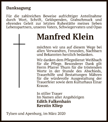 Traueranzeige von Manfred Klein von Uelzen